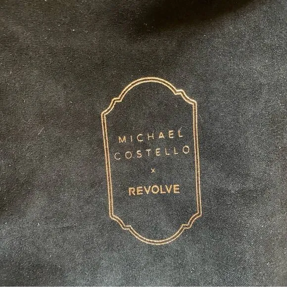 Michael Costello x REVOLVE Gwenn Sandal in Black gold high heels shoes suede 7