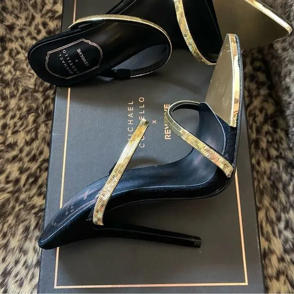 Michael Costello x REVOLVE Gwenn Sandal in Black gold high heels shoes suede 7