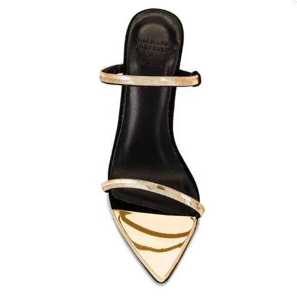 Michael Costello x REVOLVE Gwenn Sandal in Black gold high heels shoes suede 7