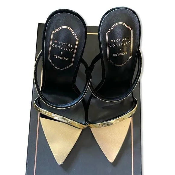 Michael Costello x REVOLVE Gwenn Sandal in Black gold high heels shoes suede 7