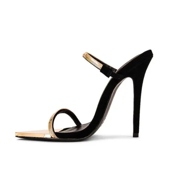 Michael Costello x REVOLVE Gwenn Sandal in Black gold high heels shoes suede 7