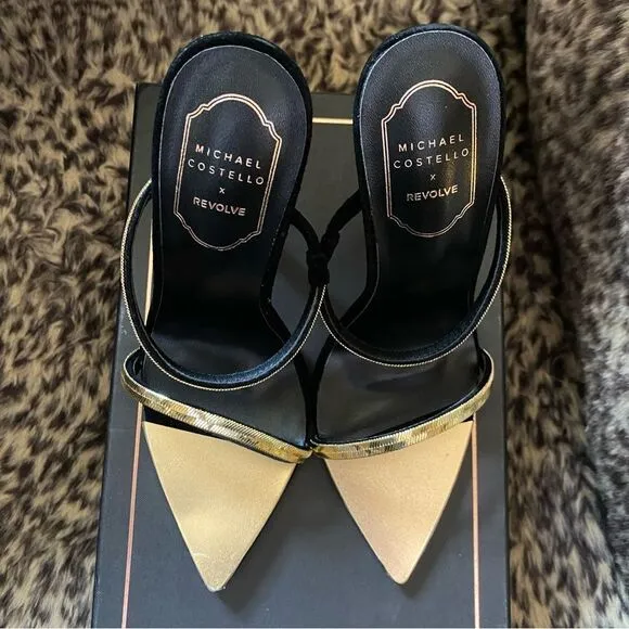 Michael Costello x REVOLVE Gwenn Sandal in Black gold high heels shoes suede 7