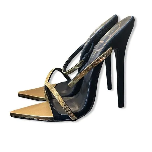 Michael Costello x REVOLVE Gwenn Sandal in Black gold high heels shoes suede 7