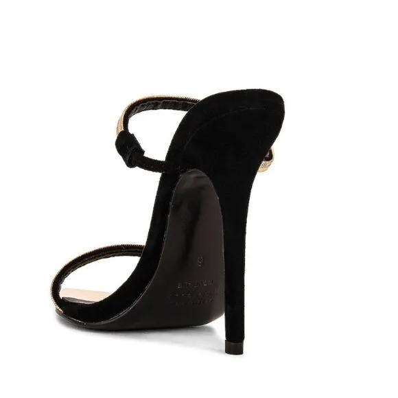Michael Costello x REVOLVE Gwenn Sandal in Black gold high heels shoes suede 7