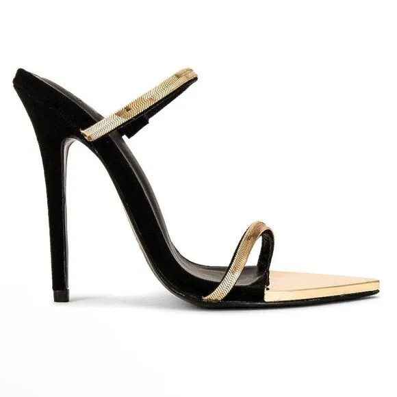 Michael Costello x REVOLVE Gwenn Sandal in Black gold high heels shoes suede 7