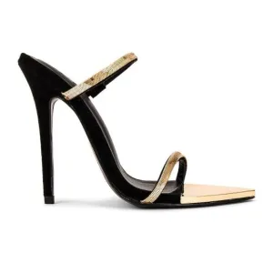 Michael Costello x REVOLVE Gwenn Sandal in Black gold high heels shoes suede 7