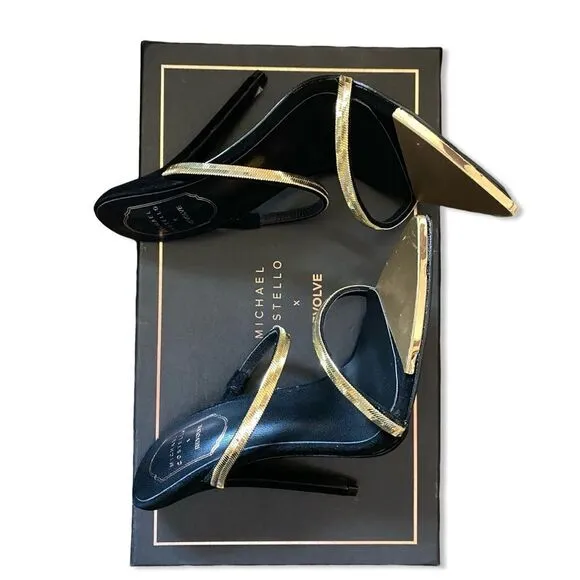 Michael Costello x REVOLVE Gwenn Sandal in Black gold high heels shoes suede 7