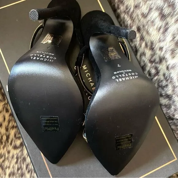 Michael Costello x REVOLVE Gwenn Sandal in Black gold high heels shoes suede 7
