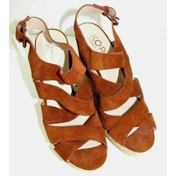 MICHAEL KORS Cynthia Nutmeg Brown Suede 5&quot; Strappy Wedges Heels Women's 10 NEW