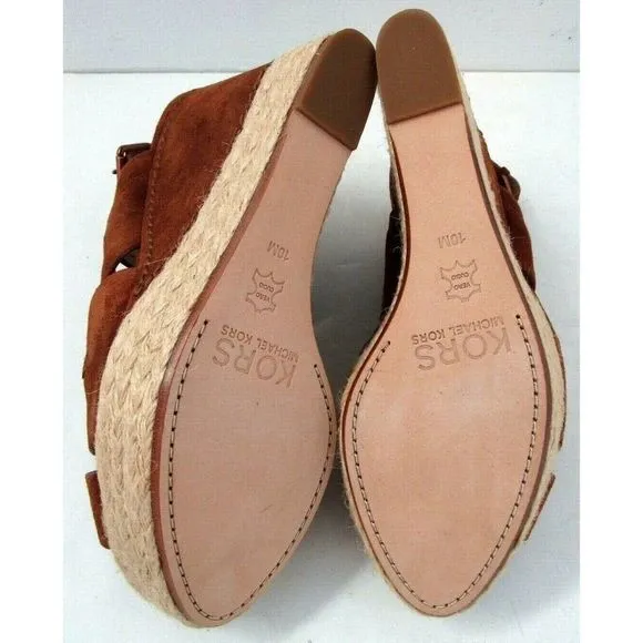 MICHAEL KORS Cynthia Nutmeg Brown Suede 5&quot; Strappy Wedges Heels Women's 10 NEW
