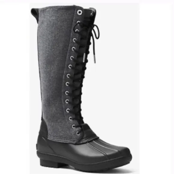 Michael Kors Easton Flannel and Rubber Rain Boot Black Gray Size 9