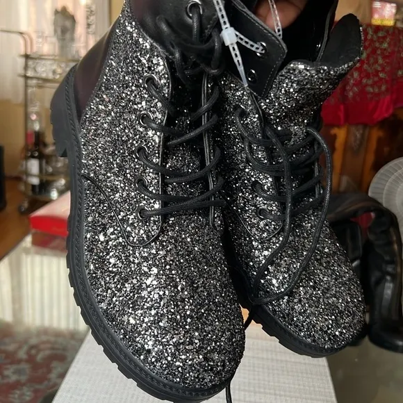 Michael Kors Glitter  NEW combat Boots, size 8.5 , runs a little roomy