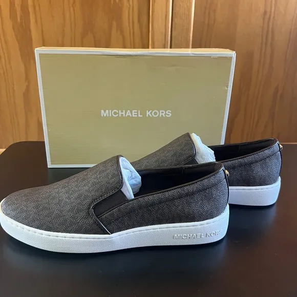 Michael Kors Keaton Slip On Sneakers Brown Logo Print Shoes Size 10 NIB