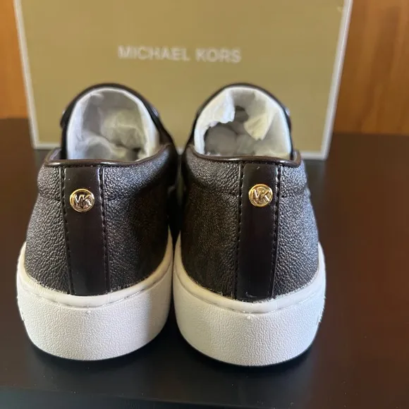 Michael Kors Keaton Slip On Sneakers Brown Logo Print Shoes Size 10 NIB