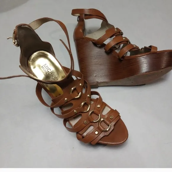 Michael Kors leather platform wedges Size 9.5M Brown Gold Rings