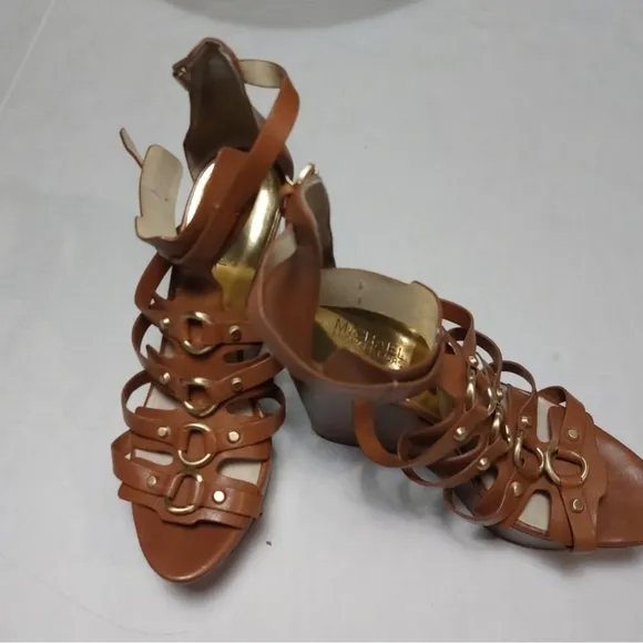 Michael Kors leather platform wedges Size 9.5M Brown Gold Rings