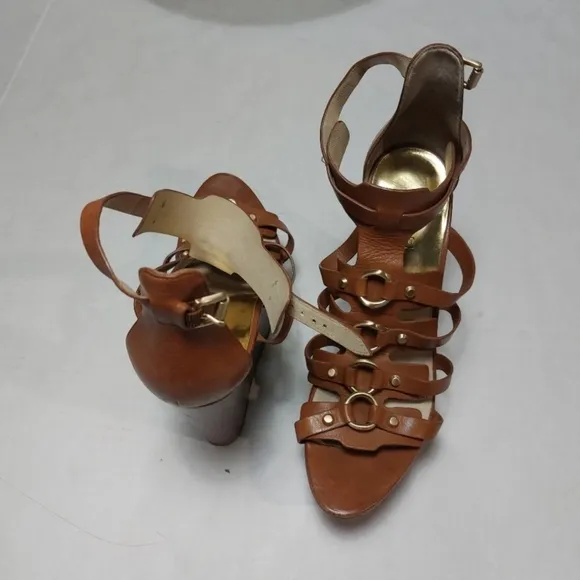 Michael Kors leather platform wedges Size 9.5M Brown Gold Rings