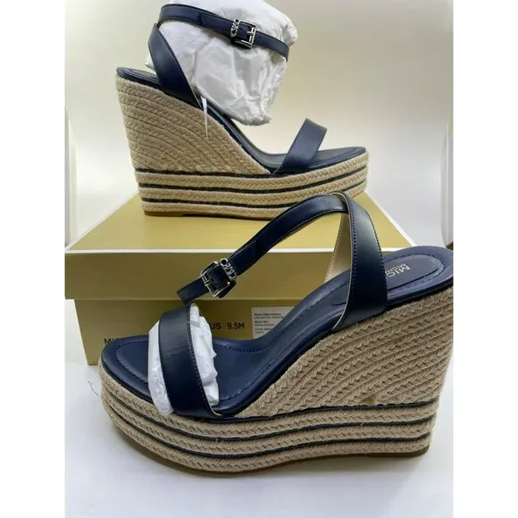 Michael Kors Leighton Wedge Leather Sandals US 9.5M Navy Blue Espadrille Platfor