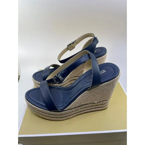 Michael Kors Leighton Wedge Leather Sandals US 9.5M Navy Blue Espadrille Platfor