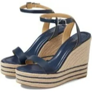 Michael Kors Leighton Wedge Leather Sandals US 9.5M Navy Blue Espadrille Platfor