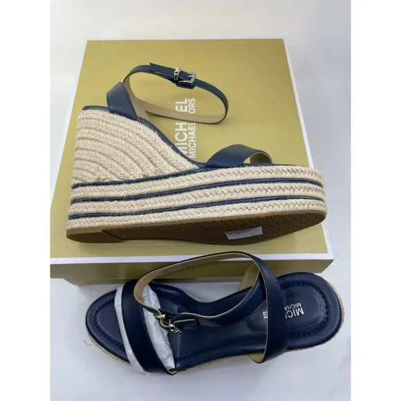 Michael Kors Leighton Wedge Leather Sandals US 9.5M Navy Blue Espadrille Platfor