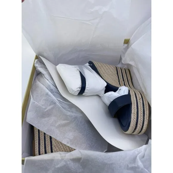 Michael Kors Leighton Wedge Leather Sandals US 9.5M Navy Blue Espadrille Platfor