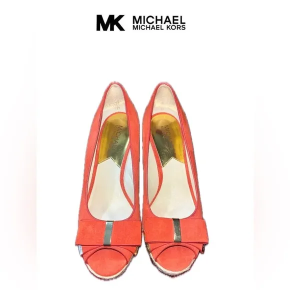 MICHAEL KORS MEG 7M Wedges SUEDE Heels ORANGE Open Toes Peep Platforms Shoes