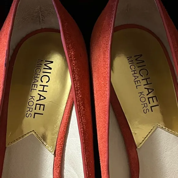 MICHAEL KORS MEG 7M Wedges SUEDE Heels ORANGE Open Toes Peep Platforms Shoes