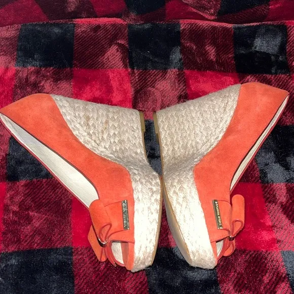 MICHAEL KORS MEG 7M Wedges SUEDE Heels ORANGE Open Toes Peep Platforms Shoes