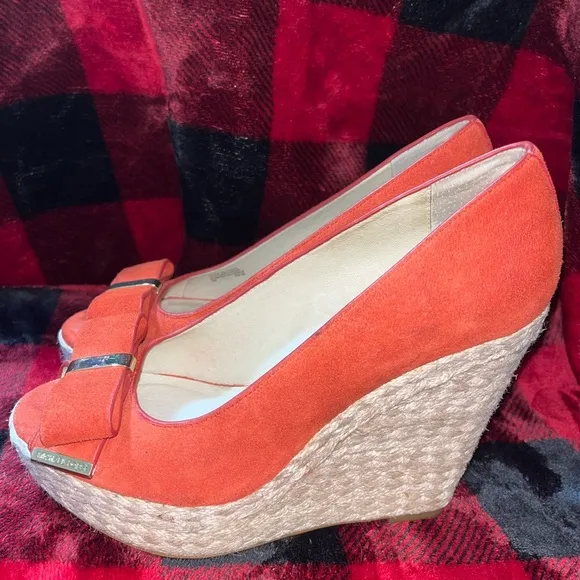 MICHAEL KORS MEG 7M Wedges SUEDE Heels ORANGE Open Toes Peep Platforms Shoes