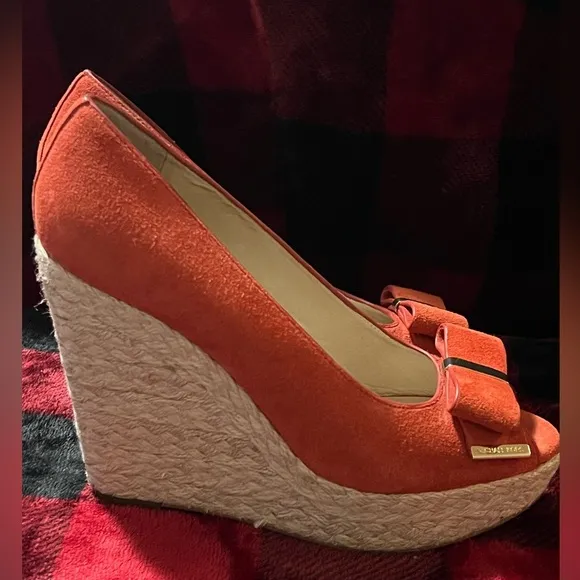 MICHAEL KORS MEG 7M Wedges SUEDE Heels ORANGE Open Toes Peep Platforms Shoes