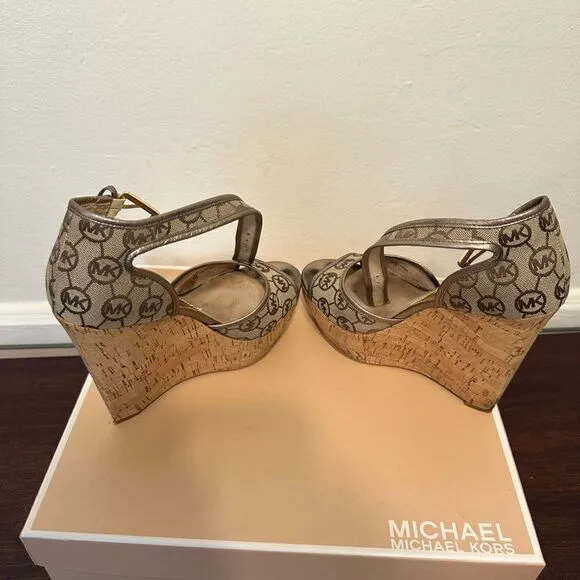 Michael Kors platform iconic lightweight gold cork wedge sandal size 7
