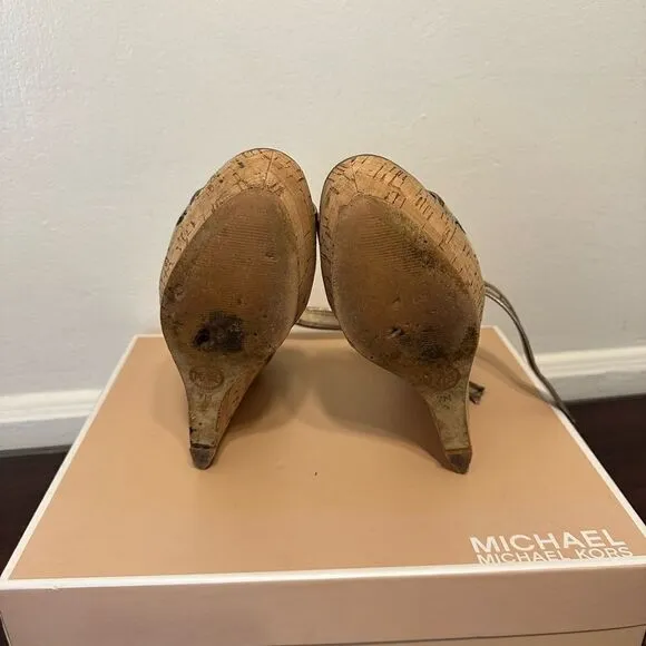 Michael Kors platform iconic lightweight gold cork wedge sandal size 7