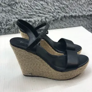 Michael Kors Wedges Size 10 Jill Woven Rope Jute Black Leather Sandal Platform