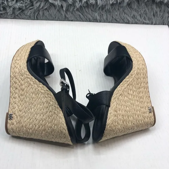 Michael Kors Wedges Size 10 Jill Woven Rope Jute Black Leather Sandal Platform