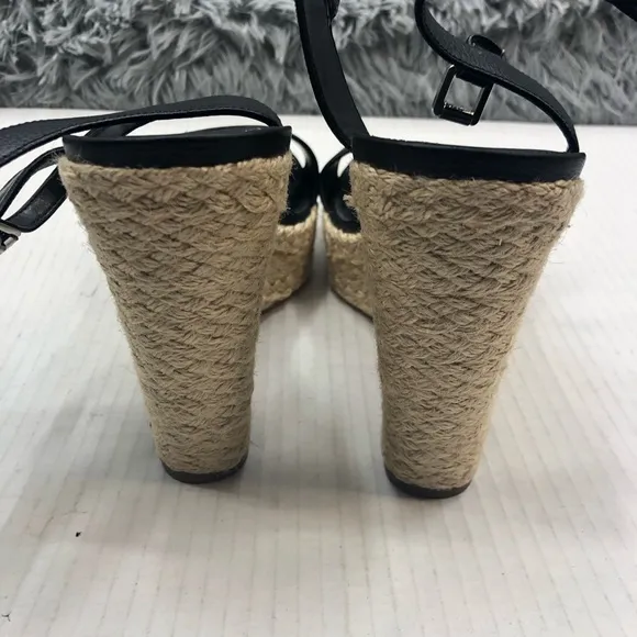 Michael Kors Wedges Size 10 Jill Woven Rope Jute Black Leather Sandal Platform