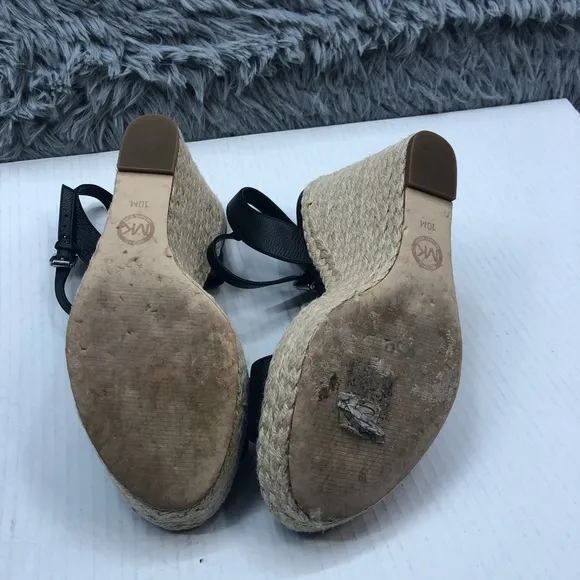 Michael Kors Wedges Size 10 Jill Woven Rope Jute Black Leather Sandal Platform