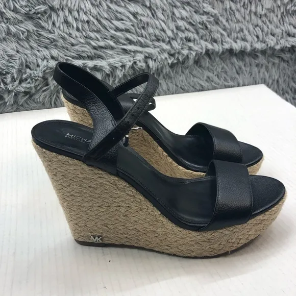 Michael Kors Wedges Size 10 Jill Woven Rope Jute Black Leather Sandal Platform
