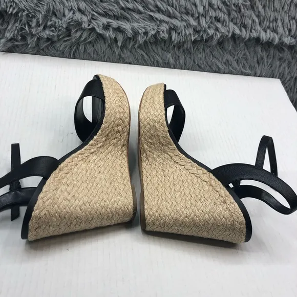 Michael Kors Wedges Size 10 Jill Woven Rope Jute Black Leather Sandal Platform
