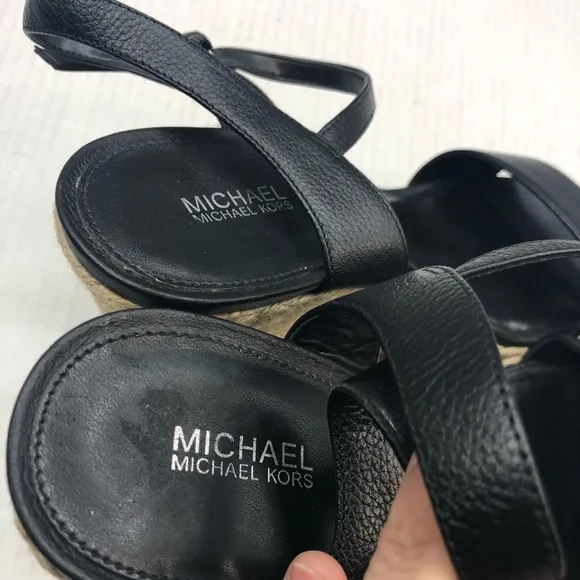 Michael Kors Wedges Size 10 Jill Woven Rope Jute Black Leather Sandal Platform