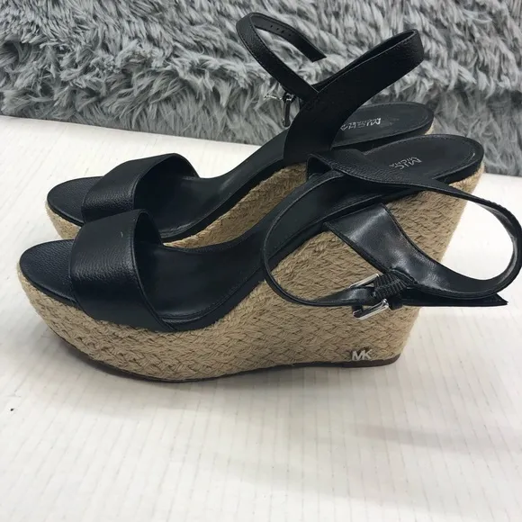 Michael Kors Wedges Size 10 Jill Woven Rope Jute Black Leather Sandal Platform