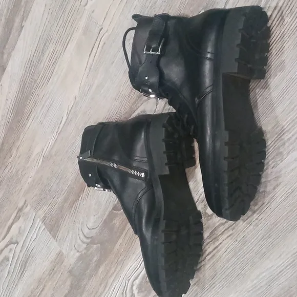 Michael Kors Women's Black Leather Ankle Boots Lace Up Moto Combat Size 8.5