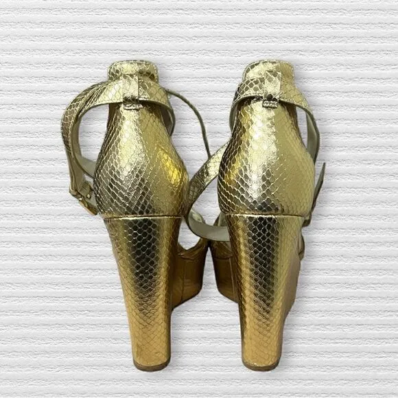 Michael Kors Ankle Strap Snake Gold Platform Wedges Floor Sample