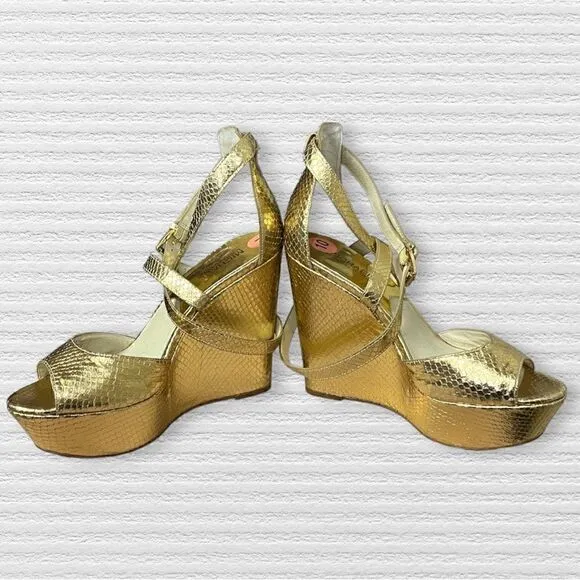 Michael Kors Ankle Strap Snake Gold Platform Wedges Floor Sample