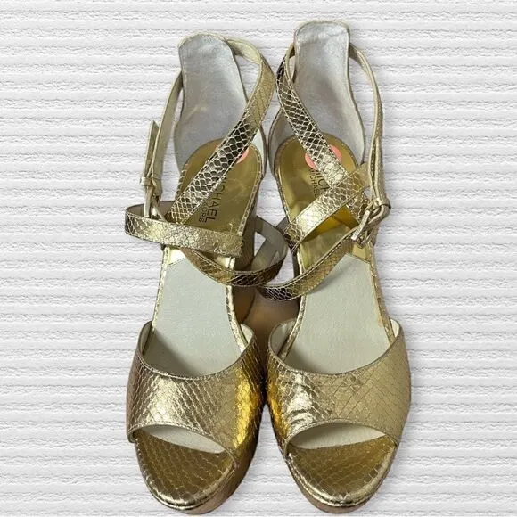 Michael Kors Ankle Strap Snake Gold Platform Wedges Floor Sample