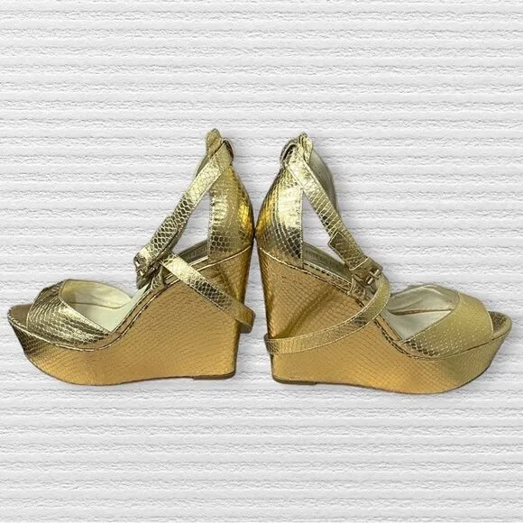 Michael Kors Ankle Strap Snake Gold Platform Wedges Floor Sample
