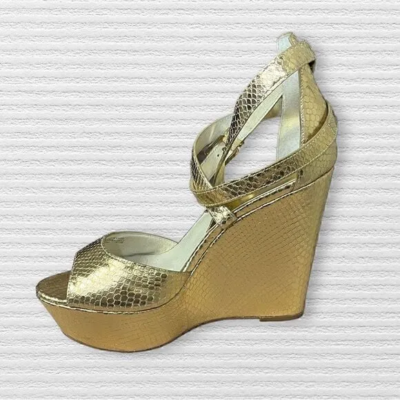 Michael Kors Ankle Strap Snake Gold Platform Wedges Floor Sample