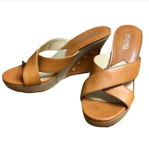 MICHAEL MICHAEL KORS Camel Cross Strap Leather &amp; Canvas Wedges Size 7 EU…