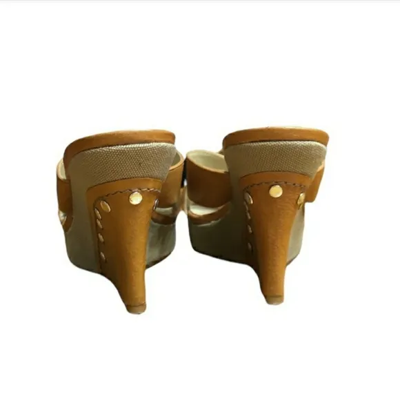 MICHAEL MICHAEL KORS Camel Cross Strap Leather &amp; Canvas Wedges Size 7 EU…