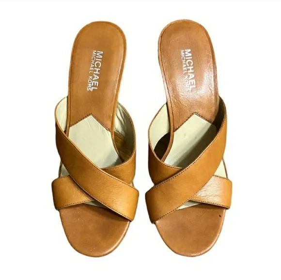 MICHAEL MICHAEL KORS Camel Cross Strap Leather &amp; Canvas Wedges Size 7 EU…